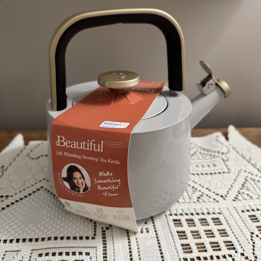 Beautiful Ceramic Non-Stick Stovetop Tea Kettle, Taupe by Drew Barrymore New